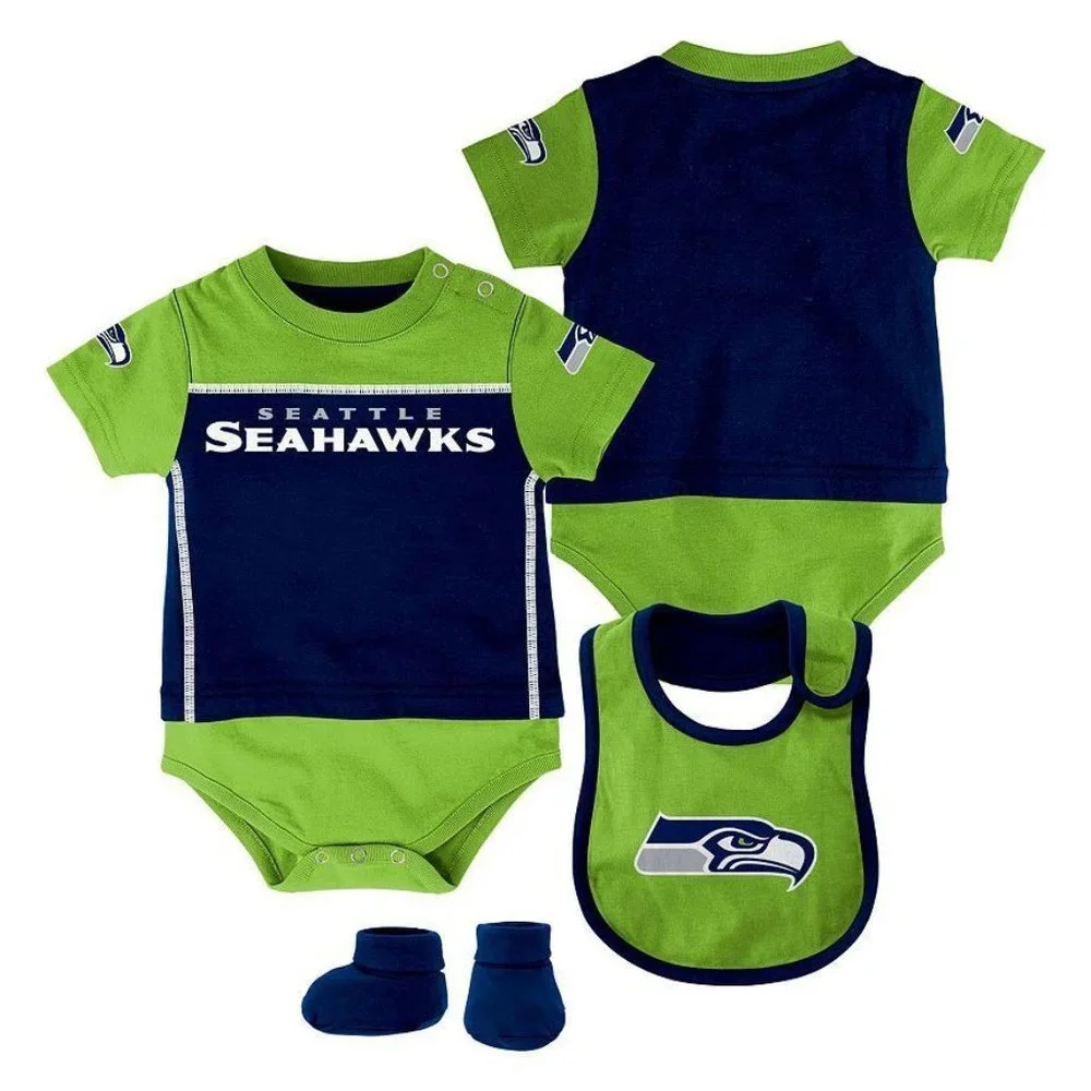 NFL Football Seattle Seahawks Baby Button Onesie + Booties + Bib Green Blue NWT